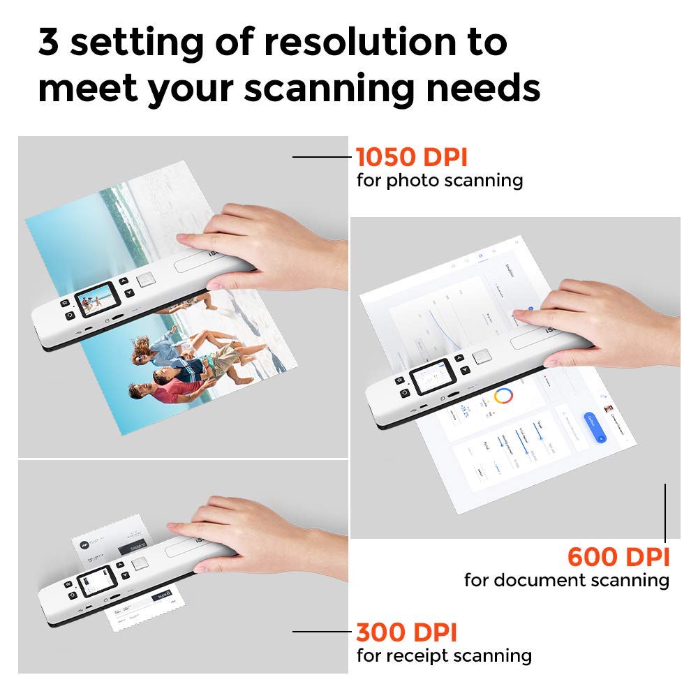 MUNBYN Portable Scanner, Photo Scanner for Documents Pictures Texts in 1050DPI, Flat Scanning, Included 16GB SD Card, Photo Scanner Uploads Images to Computer Via USB or Built-in Wi-Fi, No Driver