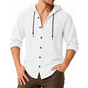 LUCKOBI Men's Cotton Linen Hooded Button Down Shirt | Lightweight fabric with long sleeves and a drawstring hood, ideal for b
