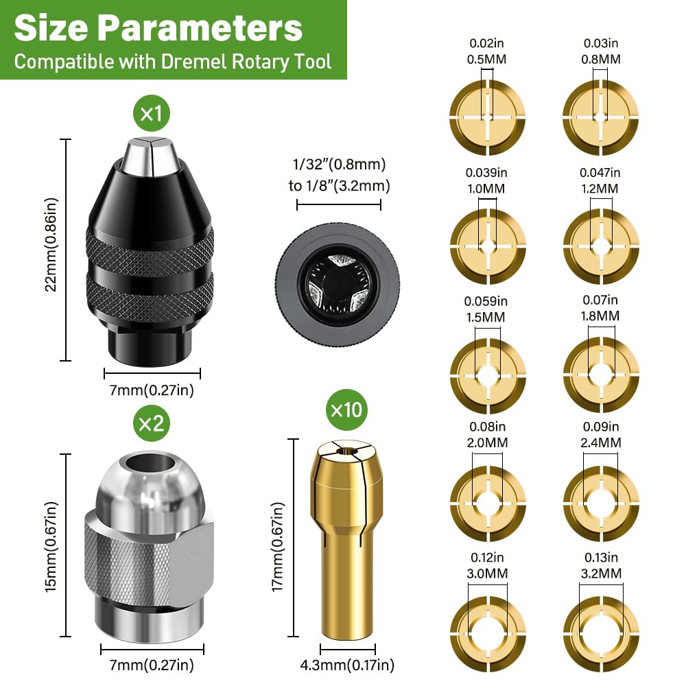 15 Stück Bohrfutter-Spannzangensatz Kompatibel mit Dremel, Zubehörsatz für Multifunktionswerkzeuge, 1/32" bis 1/8" Ersatz 4486 Schnellwechsel-Bohrfutter mit Ersatz 4485 Messing-Spannzange Metallmutter 4