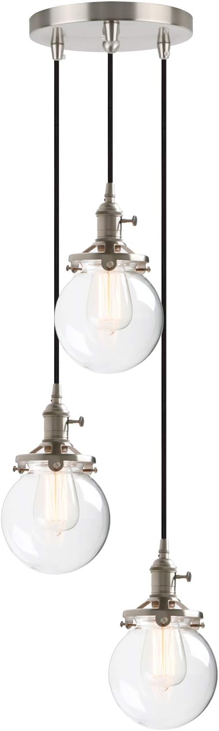 Phansthy Vintage Industrial Pendant Lights with Switch 3 Lights Chandelier Flush Mount Light with Globe Glass Shade E27 Edison Hallway Light Fixtures Ceiling Hanging Lamps for Living Room (Brushed)