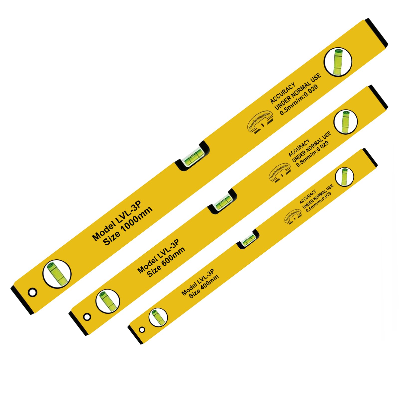 3 Pcs Spirit Level Set, High Accuracy Professional Lightweight Magnetic 400mm, 600mm & 1000mm DIY Builder Set, Strong Aluminum Body with Black Plastic End Caps.