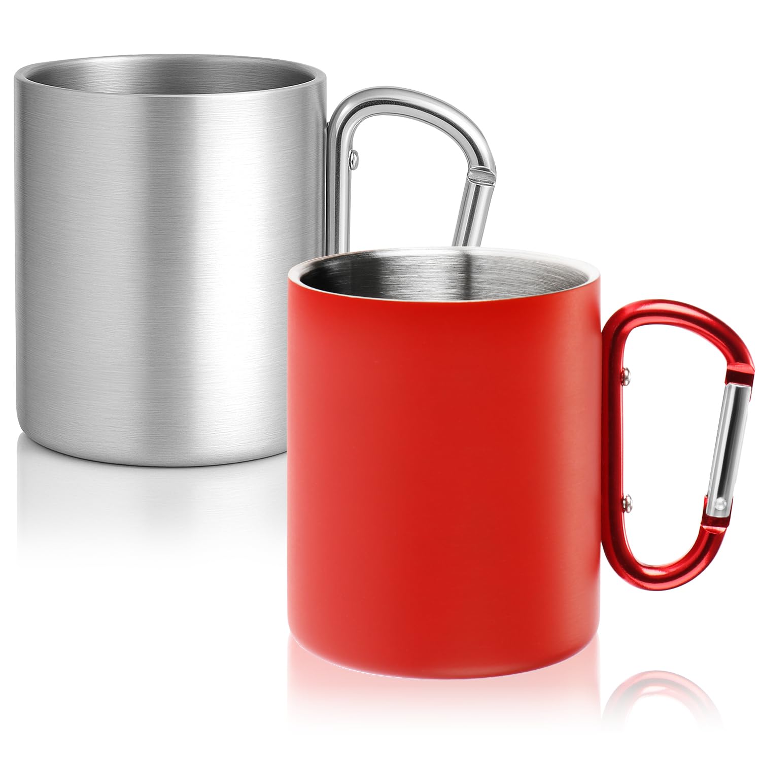 Robin Goods® 2X Stainless Steel Thermo Mug with Carabiner Handle - 350 ml per Coffee Mug - shatterproof Thermo Drinking Mug (2 Pieces - Stainless Steel Silver/red - Carabiner Handle)