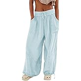 utcoco Womens Casual Loose Fit Wide Leg Cotton Pants Drawstring Stitching Baggy Pants Trousers with Pockets
