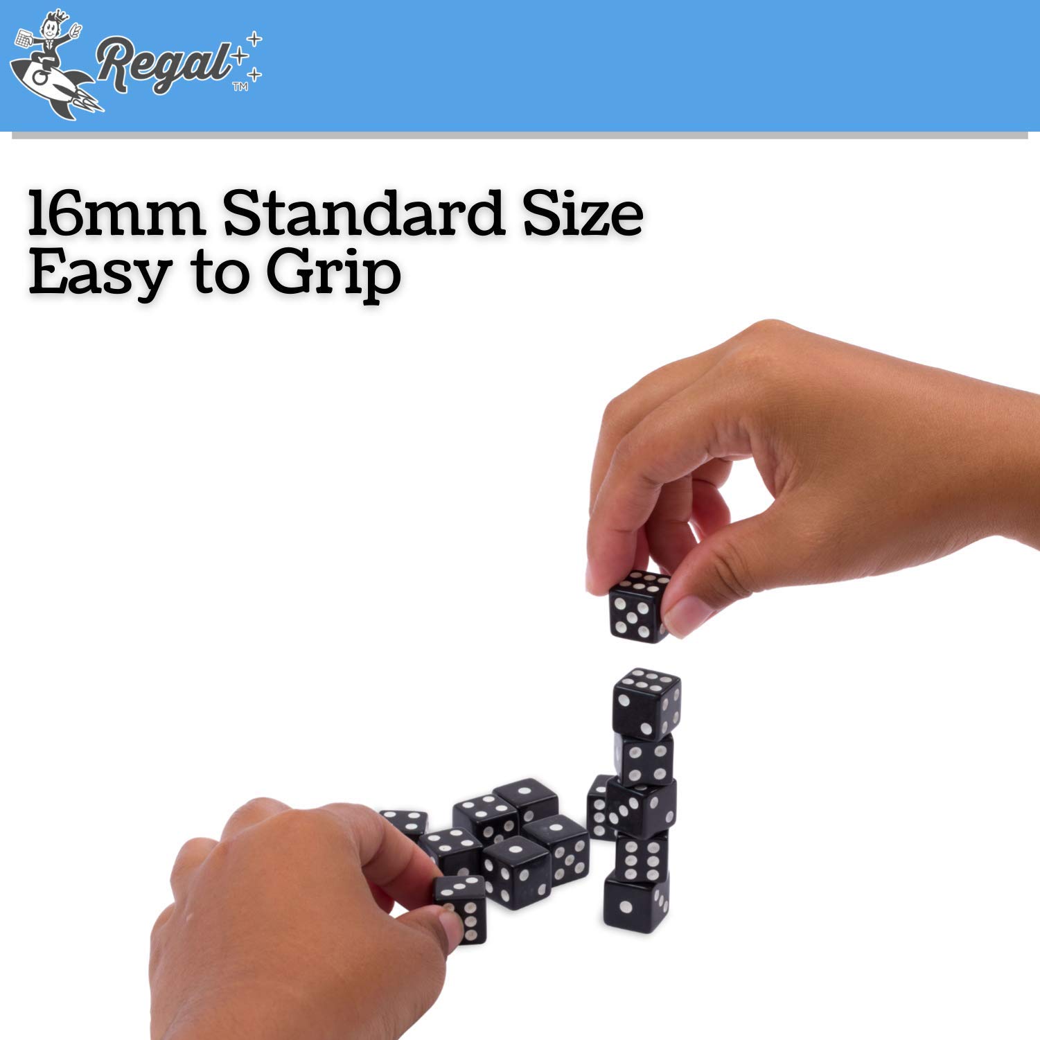 Regal Games 6 Sided Square Dice - Black, 16mm, 50 Piece Set for Family Game Night