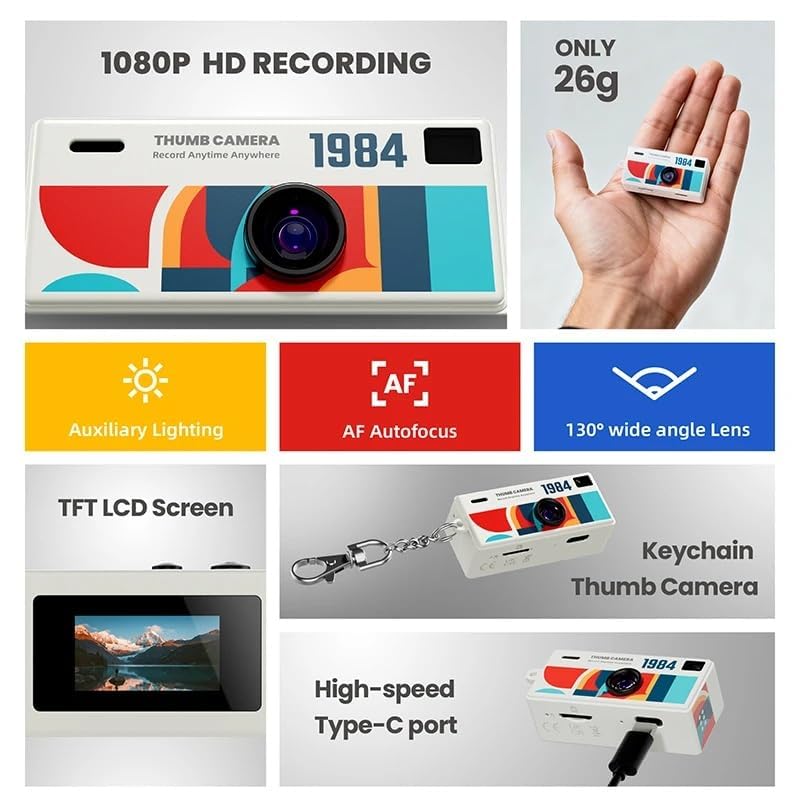 YOOJ® Mini Thumb Camera 0.96” Keychain Digital Camera, Retro Pocket Small Camera with 1080P HD Video, Built-in Flash, Travel & Vlogging Camera (Off White)