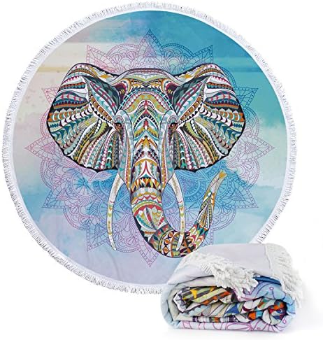 Footalk Round Roundie Indian Mandala Style Colorful Elephant Beach Towels Blankets Microfiber Yoga Picnic Mat Ultra Soft Tapestry Wall Hanging Tablecloth With Fringe Tassels