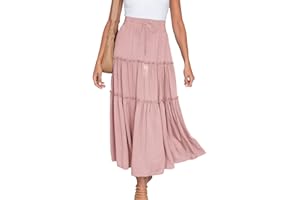 BORNIU Women's Boho Long Skirts Summer Elastic High Waist A-Line Pleated Flowy Ruffle Hem Swing Beach Holiday Maxi Skirt