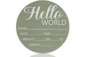 CLHHM Hello World Birth Announcement 6" Round Birch Wood Newborn Sign for Nursery Hospital & Baby Shower, Personalized Baby Name Plaque, Keepsake Décor Gift for New Parents (Green)