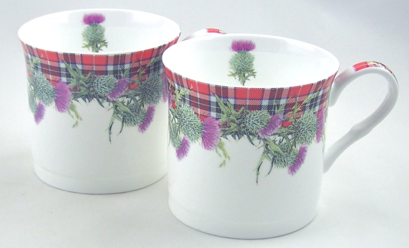 Pair English Fine Bone China Mugs Red Christmas Plaid