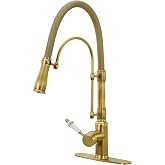 Brass Pull Down Kitchen Faucet, Single Handle, 360&deg; Swivel, Brushed Gold | Champagne Bronze Finish, Farmhouse Style Kitchen Faucet, Rustproof Lead-Free Brass, Water Flow Control Nozzle