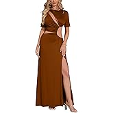 XNMHL Women’s Cutout Maxi Dress Short Sleeve Deep V Neck Ruched Waist High Slit Stretch Bodycon Long Dresses