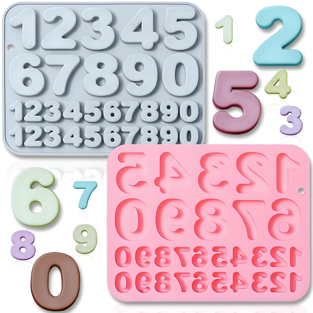 Photo 1 of 2 Pack Number Silicone Cake Molds 30 Cavity Medium and Small Size 3D 0-9 Digital Mould Tray DIY Baking Decorating Tools for Chocolate Candy Cupcake Mousse Dessert Gummy Handmade Soap Clay