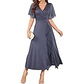 ZAFUL Womens Semi Formal Wedding Guest Dresses Mother of Bride Dresses Split Ruffle V Neck Flared Sleeve Evening Dress 2026