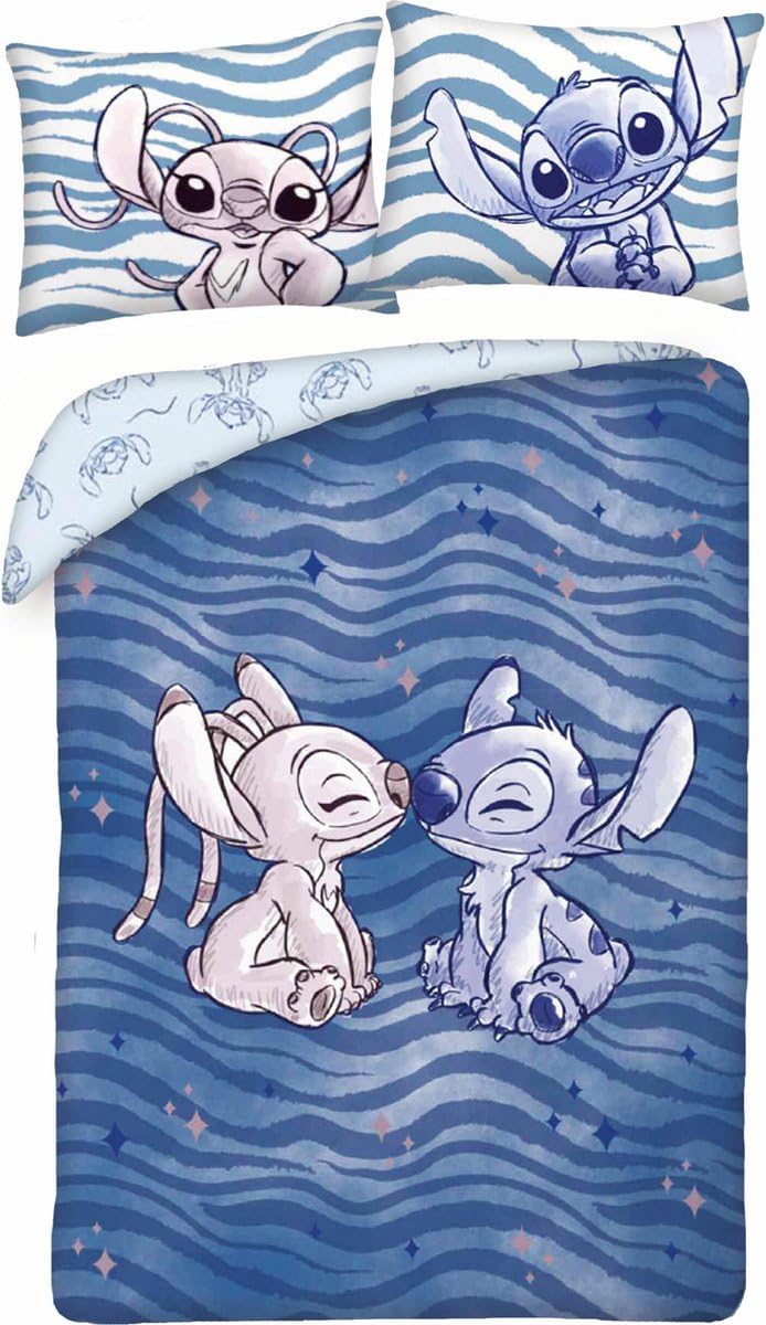 STITCH Kiss Angel Bed Set - Disney Lilo and Stitch - Reversible Duvet Cover 140 x 200 cm and Pillowcase 70 x 90 cm - Multi-Coloured - 100% Cotton