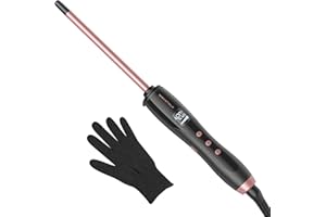 Wavytalk 3/8 Inch Small Curling Iron Wand for Short & Long Hair, Ceramic Barrel with Adjustable Temperature, Heat Resistant Glove Included (Rose Pink)