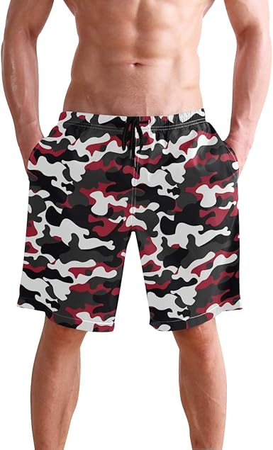 Imonka Black Red White Camouflage Men S Swim Trunks Quick Dry Beach Board Short Casual Polyester Shorts With Pockets S Amazon Com