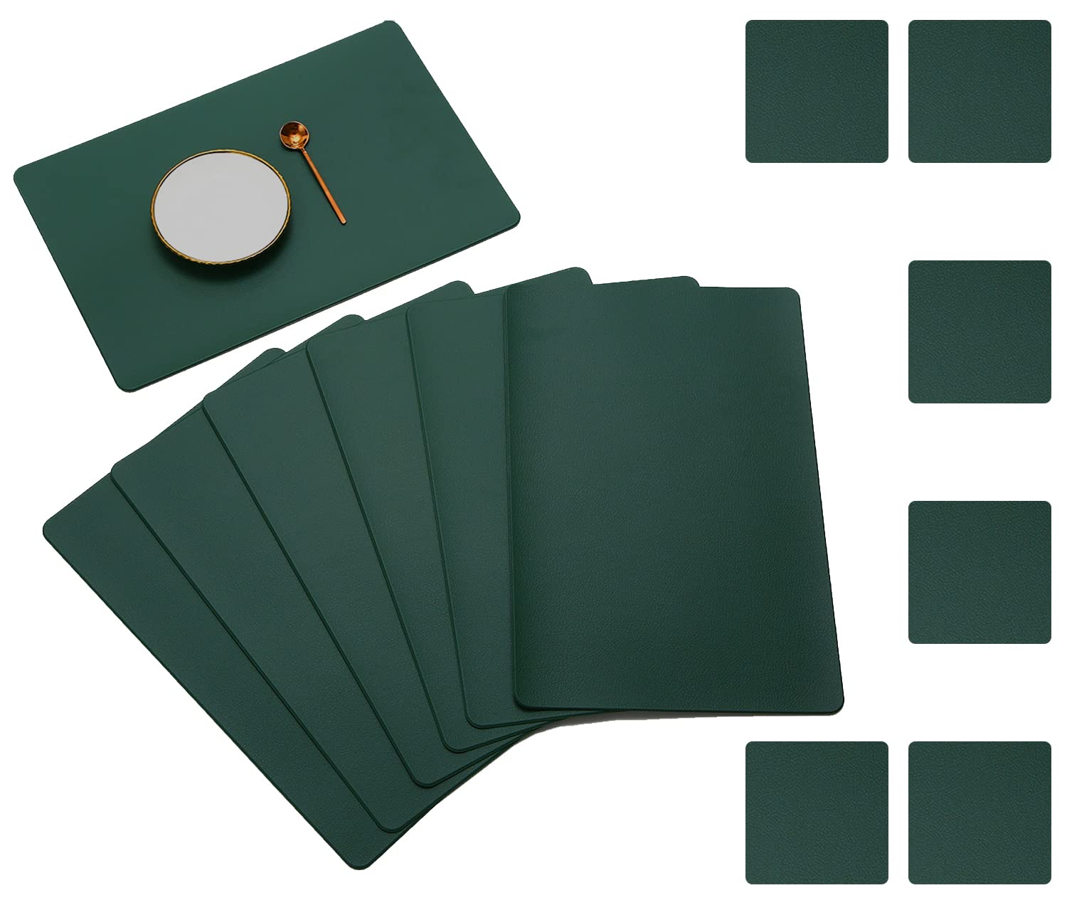 pigchcy Leather Durable Placemats and Coasters Set of 6 Waterproof Non-Slip 45x30cm Placemat Washable Wipeable Table Mats for Dining Room and Decor (Grass Green)