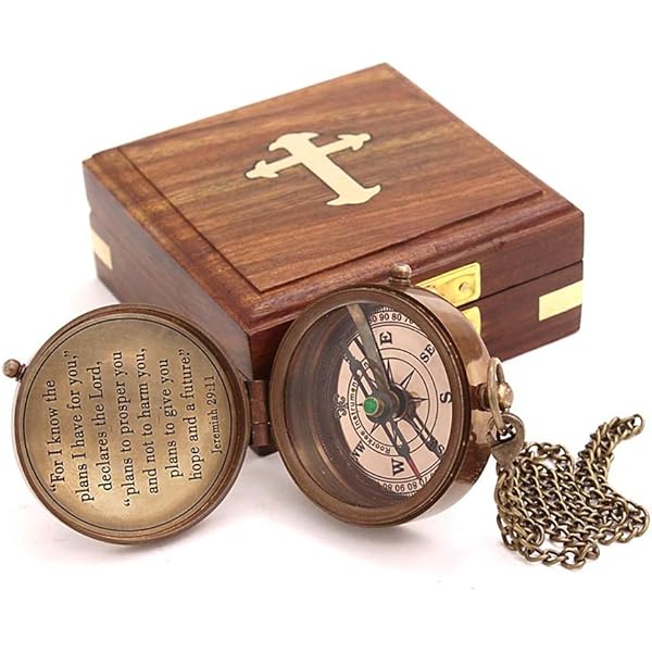 Engraved Brass Compass With Proverbs 3:5-6 - Victorian Design | Wooden Box Gift For Travelers