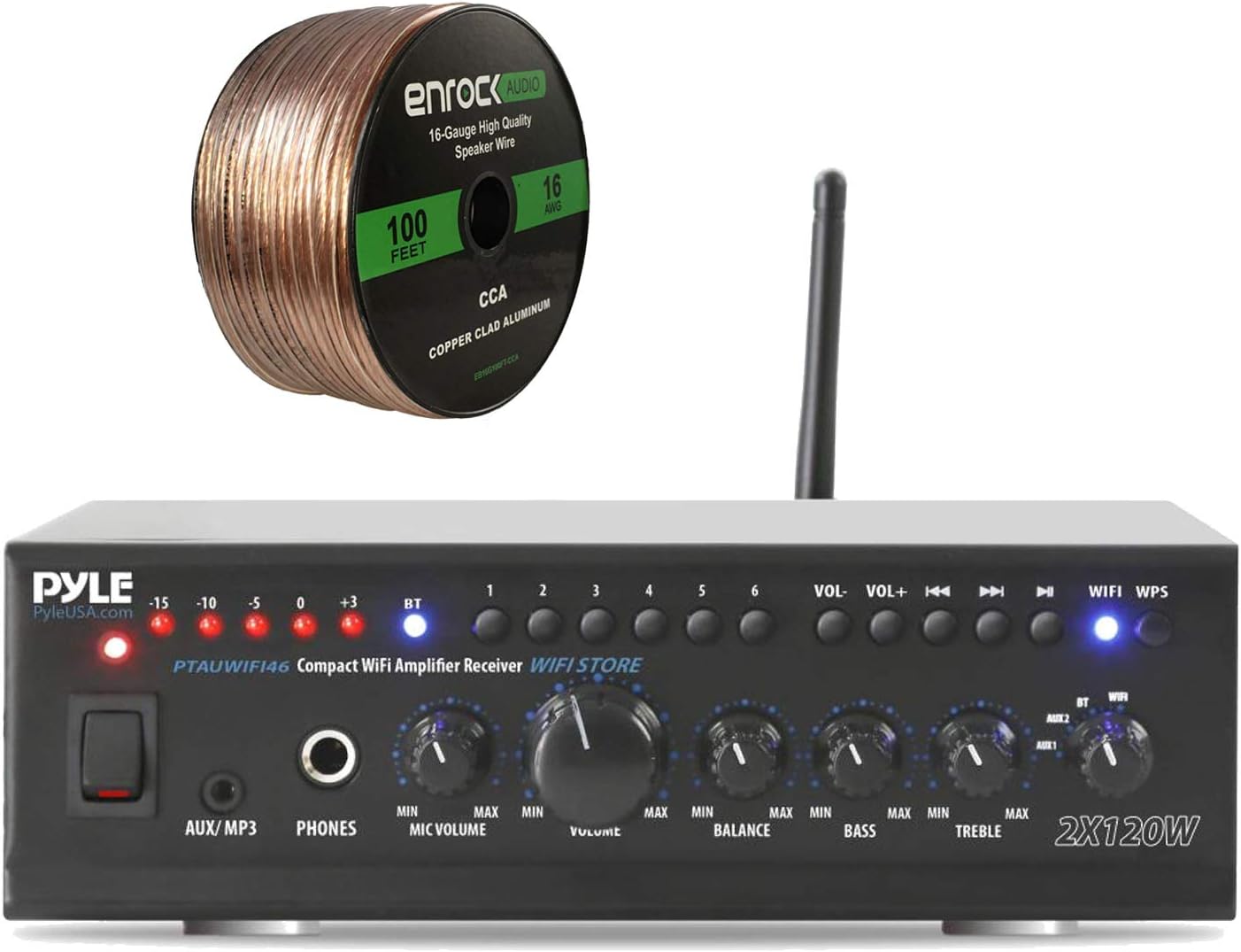 Pyle Home PTAUWIFI46 WiFi Bluetooth Theater Audio Component Amplifier Receiver, Enrock Audio Spool of 100 Foot 16-Gauge Speaker Wire (No Speakers), Black, PTAUWIFI46-EB16G100FT-CCA