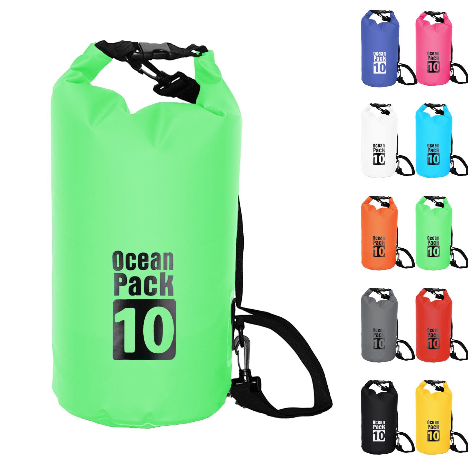 Dry Bag 10L, Boat Dry Bags Green Waterproof Bag Dry Sack Roll Top Long Adjustable Shoulder Strap 2L/5L/10L/20L/30L/40L for Drifting Boating Kayaking Fishing Rafting Swimming Camping Canoeing Surfing