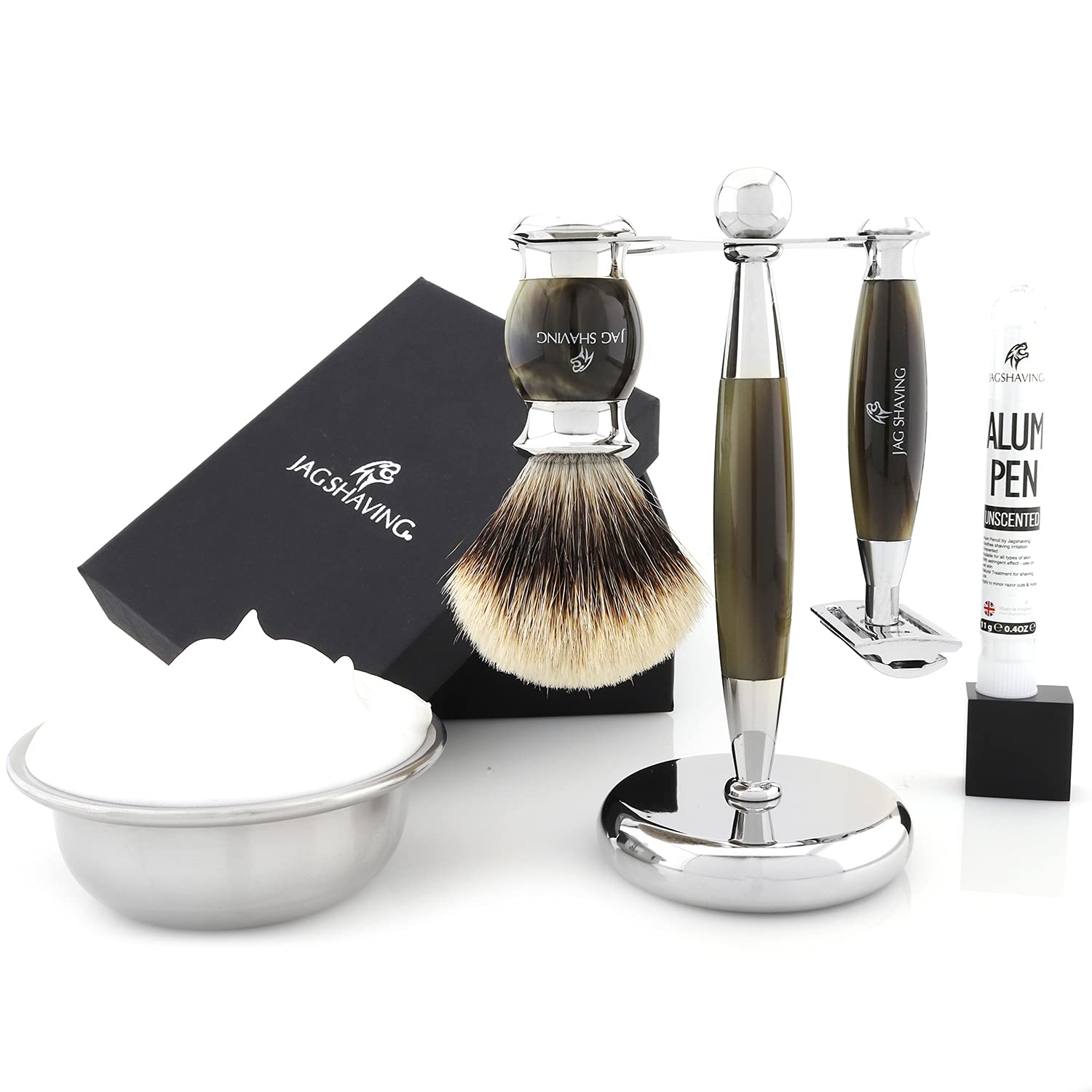Jag Shaving Men Shaving Kit, 3 Piece Grooming Set, Double Edge Safety Razor, Silvertip Badger Hair Shaving Brush, Elegant Shaving Stand with Aftershave Alum Stick, Greenhorn Color