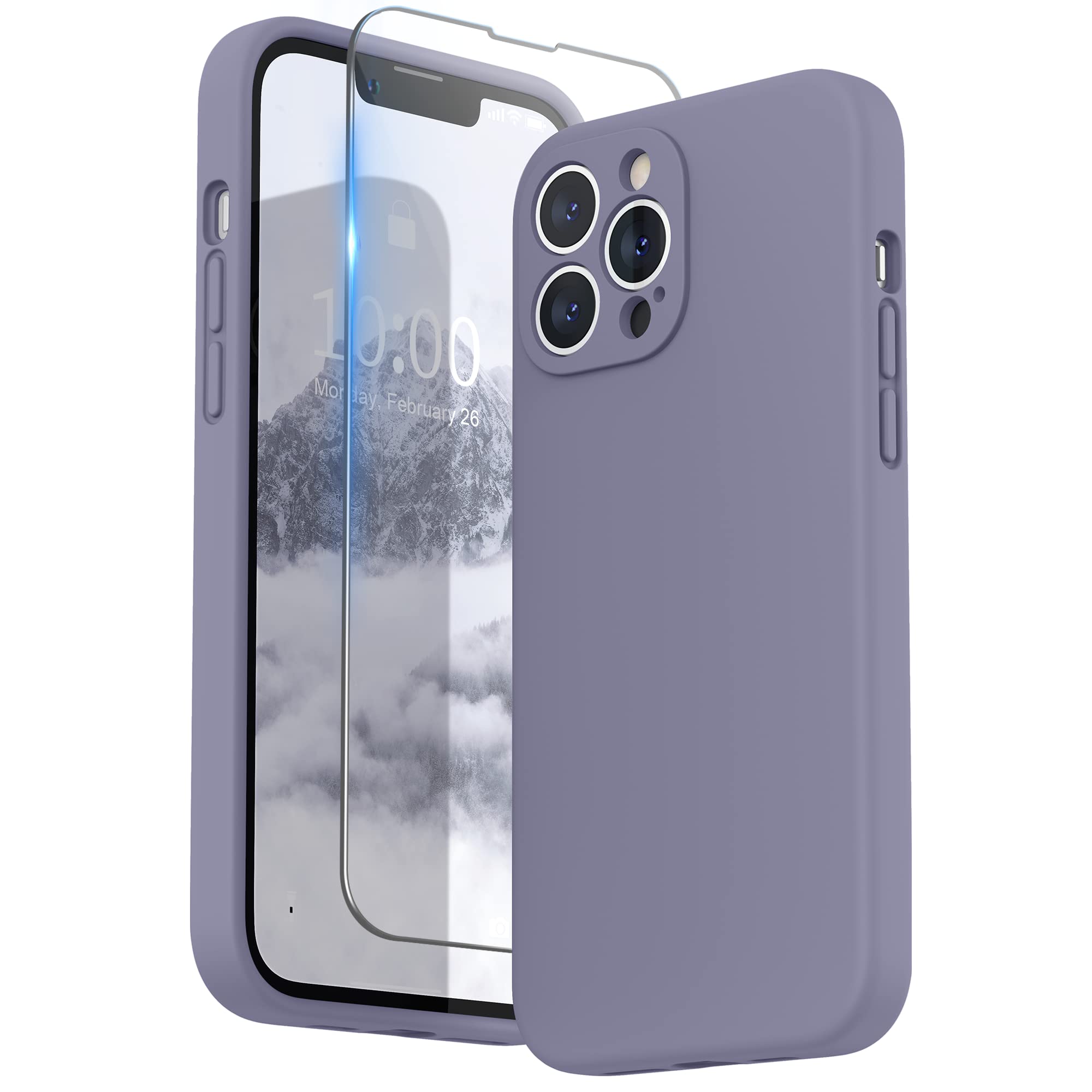 SURPHY Compatible with iPhone 13 Pro Max Case with Screen Protector, Liquid Silicone Protection for Each Lens Shockproof Thickened Rubber Cover for iPhone 13 Pro Max 6.7 inch 2021, Lavender Gray — image 1