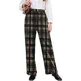 Rasutina Women Plaid Dress Pants High Waisted Wide Leg Pants Fleece Pants for Women Stretchy Fall Trousers