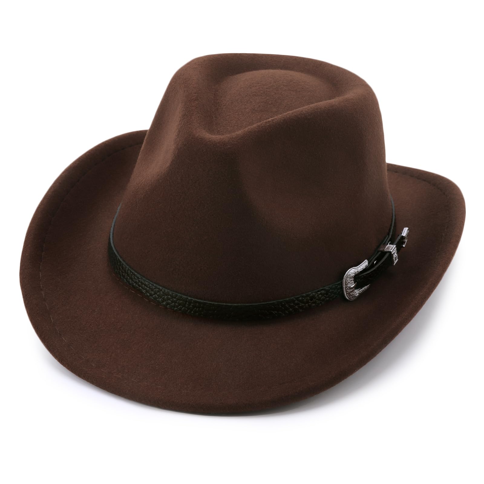 DRESHOW Cowboy Cowgirl Hat for Boys Girls Classic Western Felt Fedora Belt Buckle Retro Panama Hats Unisex Rolled up Caps for Kids 4-12 Years