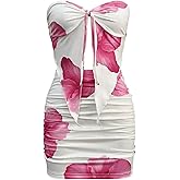 WDIRARA Women's Vacation Floral 2 Piece Mini Skirt Set Strapless Tube Top and Bodycon Outfits