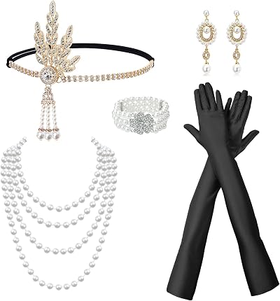 TSHAOUN 1920s Flapper Accessories 6-Piece Set Headband Gloves Necklace Earrings