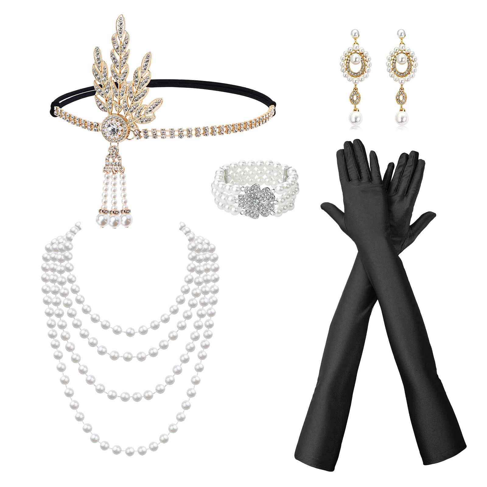 TSHAOUN 6-Piece 1920s Flapper Great Gatsby Accessories Set, 1920s Accessories for Women with Headband, Headpiece, Long Black Gloves, Necklace, Earrings (Gold)