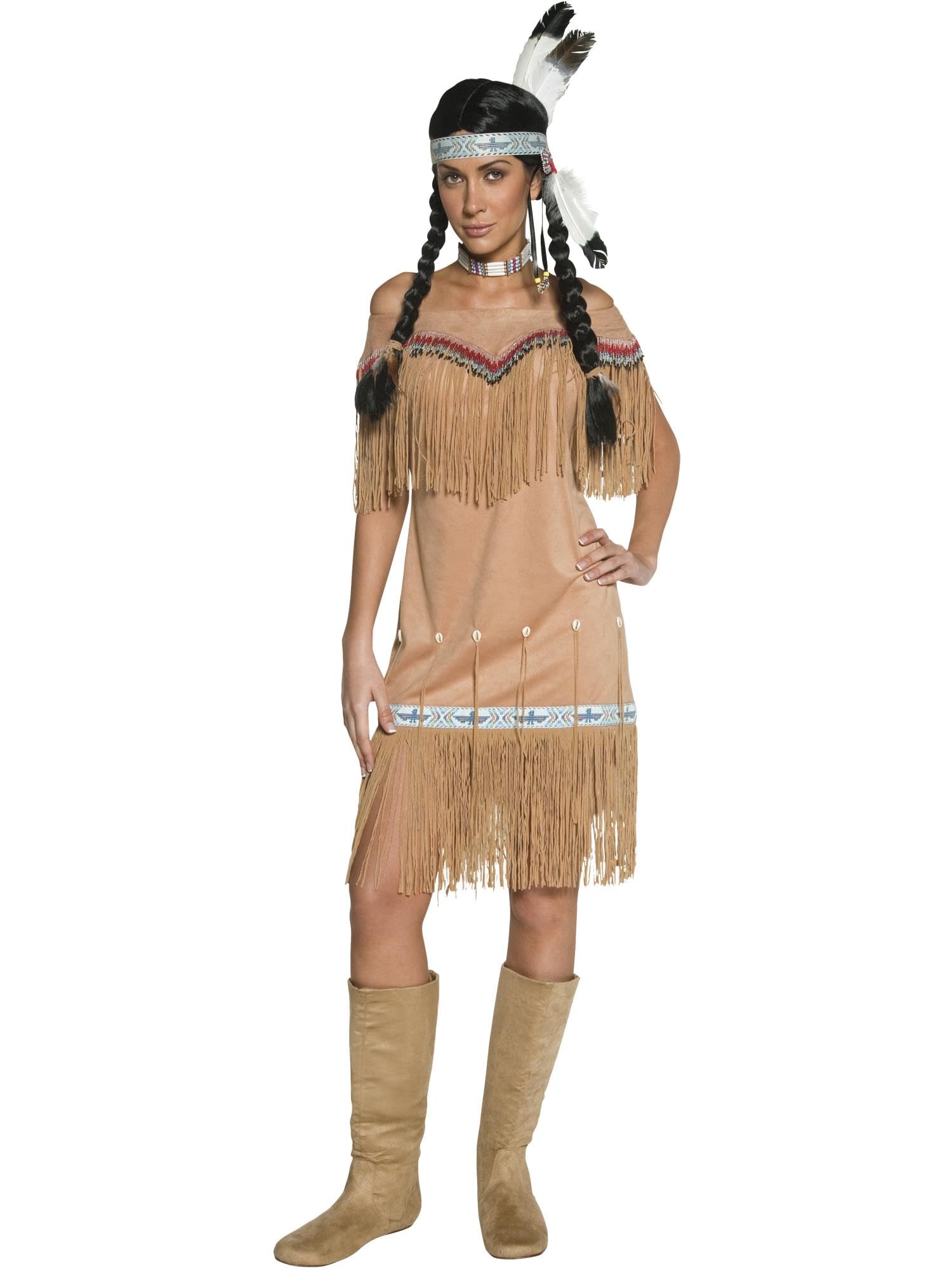 Smiffys DeluxeNative American Inspired Lady Costume, Beige with Dress and Fringing, Cowboys and Indians Fancy Dress, Adult Dress Up Costumes