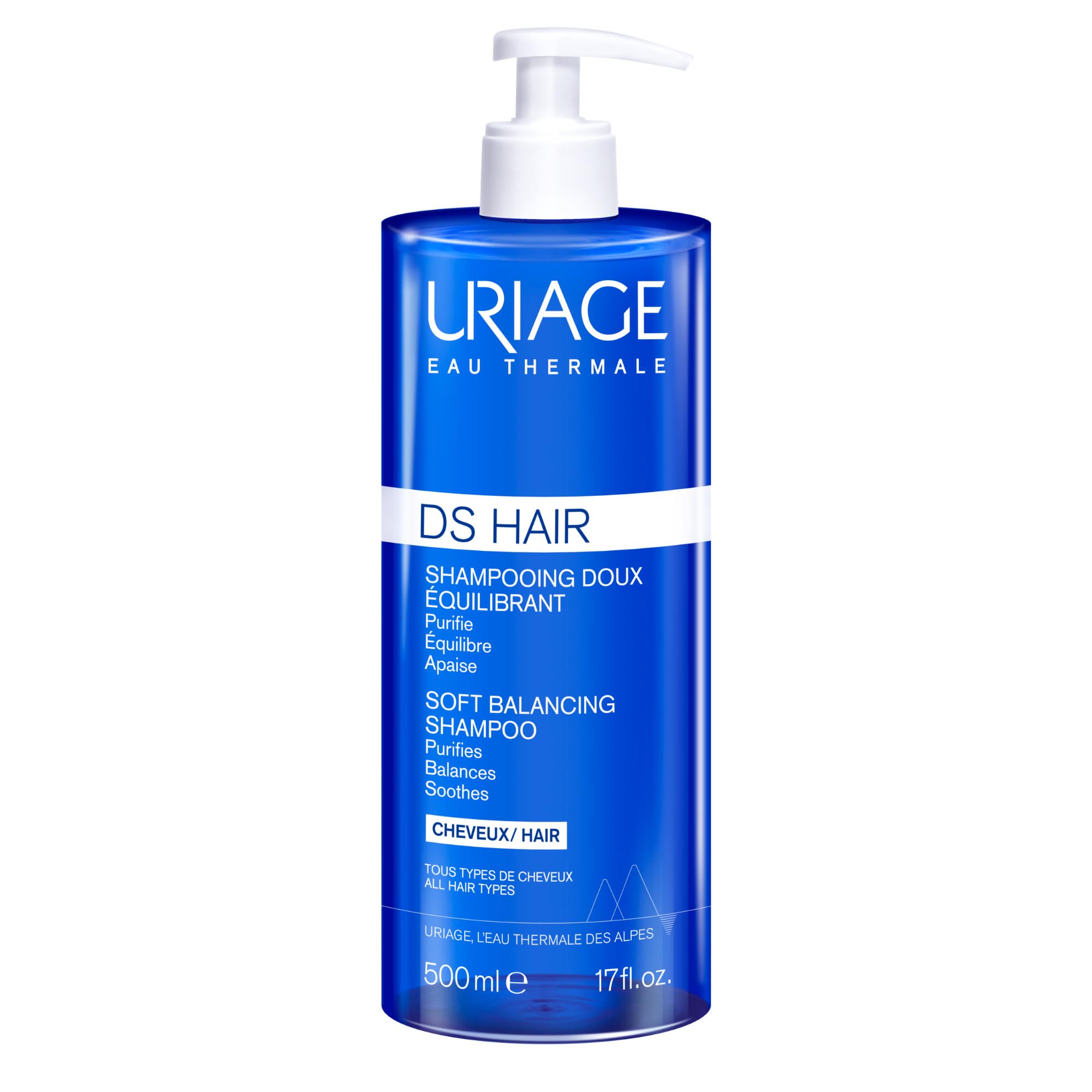 Uriage DS Hair Soft Shampoo with Edelweiss 500ml - Deeply Purifies & Soothes - Leaves Hair Soft & Shiny - Fresh & Floral Scent - Everyday Wash - Suitable for Sensitive & Irritated Scalps - Soap-Free