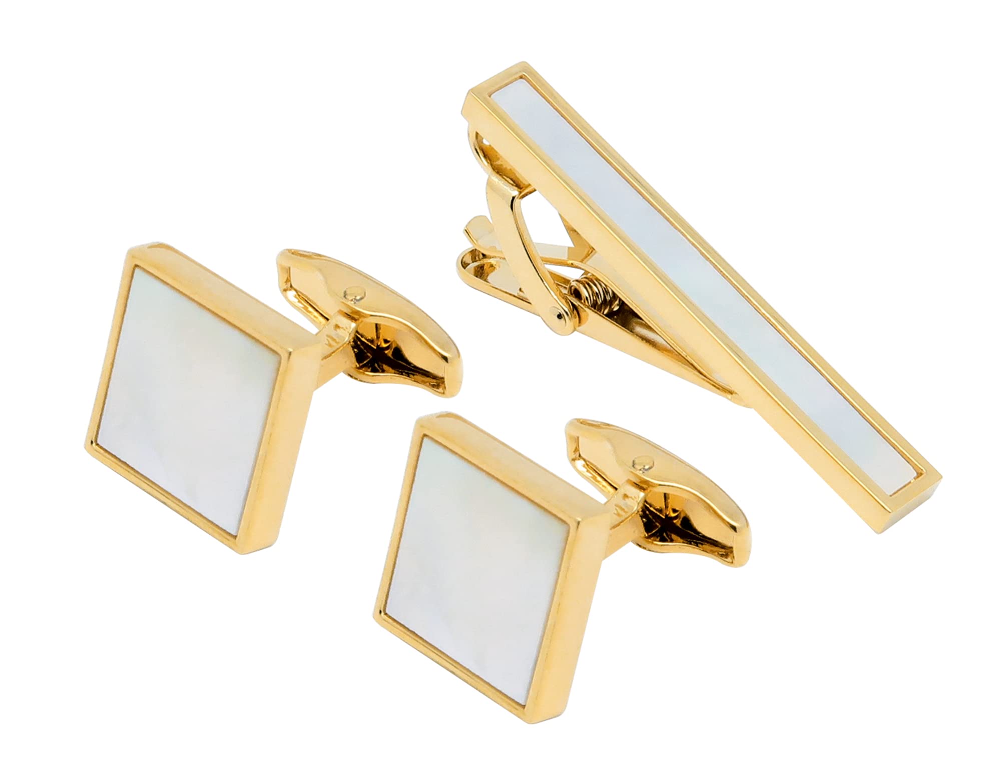 Jonwo Square Mother of Pearl Men Cufflinks and Tie Clip Set Handmade Silver Gold Men Tie Clip Cufflinks Tie Pin for Wedding Business Shirt Necktie (Gold Plated Cufflinks Tie Clip Set)