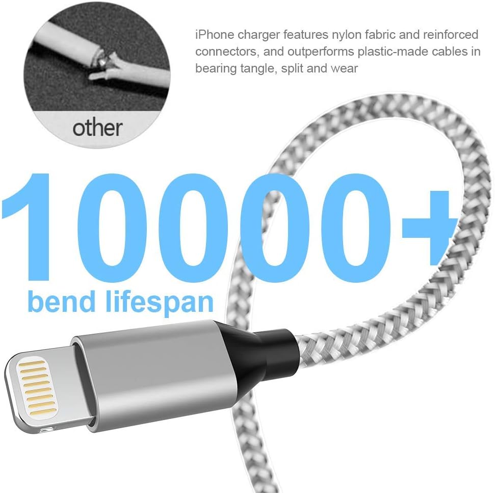 HOVAMP MFi Certified 6Pack[3/3/6/6/6/10ft] Nylon Braided iPhone Charger Lightning Cable Fast Charging&Syncing Long Cord Compatible iPhone 11Pro Max/11Pro/11/XS/Max/XR/X/8/8P/7 and More-Silver&White