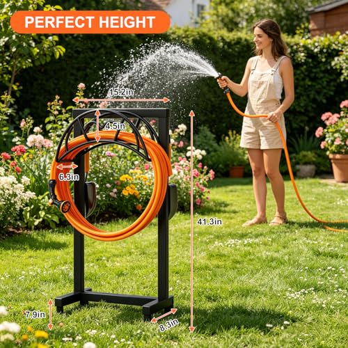 VyGrow Garden Hose Holder, Freestanding Heavy Duty Water Hose Holder for Outside, Upgraded Metal Hose Stand with 4 Spikes, Detachable Garden Hose Storage Hose Reel Rack, Black
