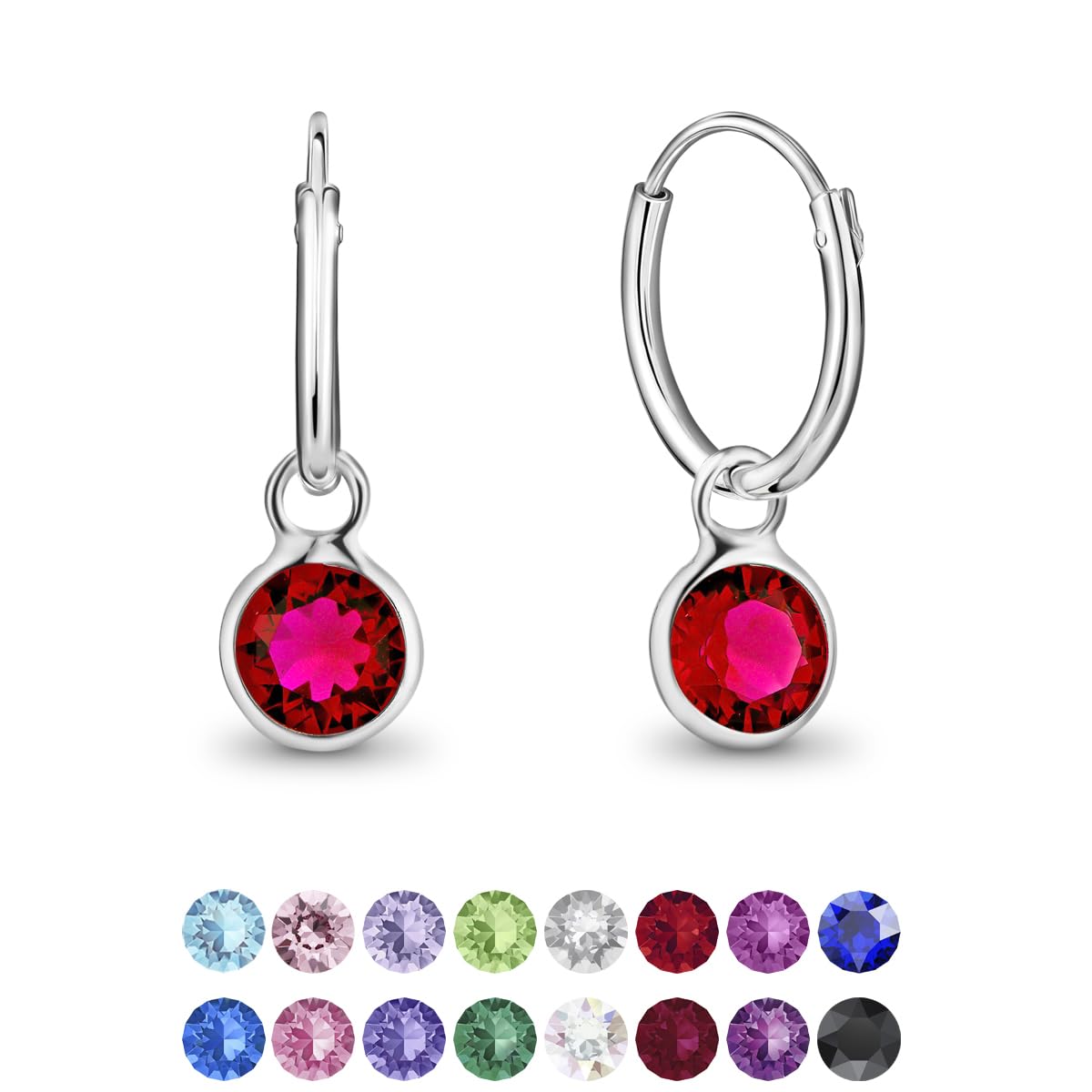 925 Sterling Silver Small Hoops Earrings with Dangling Round Crystals 3 mm - Faux Ruby Earrings - Thickness 1.2 mm - Diameter: 12 mm