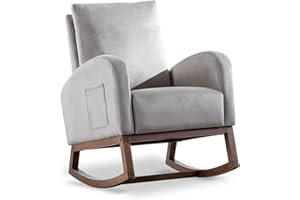 ONPNO Rocking Chair Nursery Glider Rocker Chair High Backrest Upholstered Velvet Accent Armchair with Side Pocket for Living Room Bedroom Office (Grey)