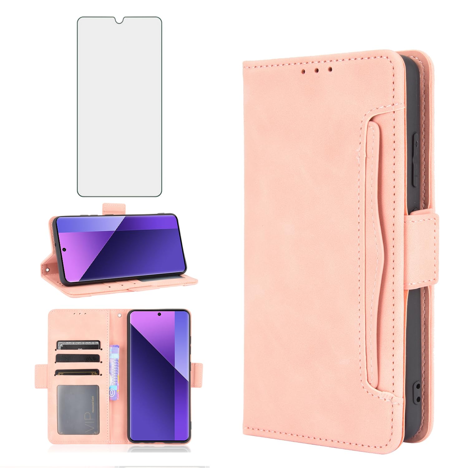 Asuwish Compatible With Xiaomi Redmi Note 13 Pro Plus 5G Wallet Case Tempered Glass Screen Protector Card Holder StLeather Flip Cell Accessories Phone Cover for Redmi Note13Pro+ Plus+ Women Men Pink