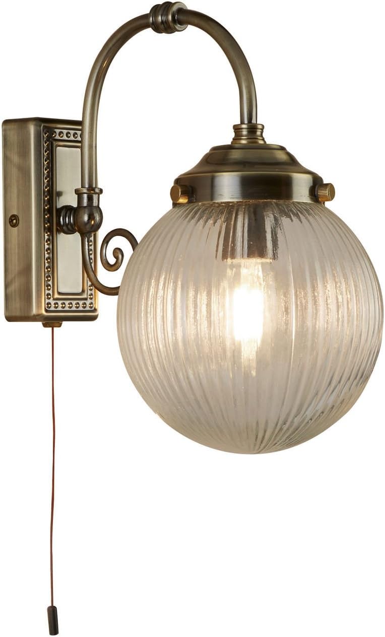 Searchlight Belvue 1 Light Bathroom Wall Light Clear Globe Shade Antique Brass - Classic Ceiling, Pendant, Table and Floor Lamps