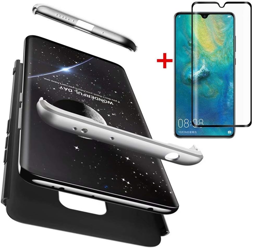 AILZH 360 degree cover compatible with Huawei mate 20 Case+Tempered glass film 360 Degree Cover Anti-Shock Shockproof Full Body Protective Anti-Scratch Bumper Matte Protection(Silver black)
