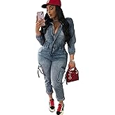 Mandonce Denim Romper for Women Zip up Long Sleeve Jumpsuit with Pockets High Waist Cargo Jean Jumpsuit for Women