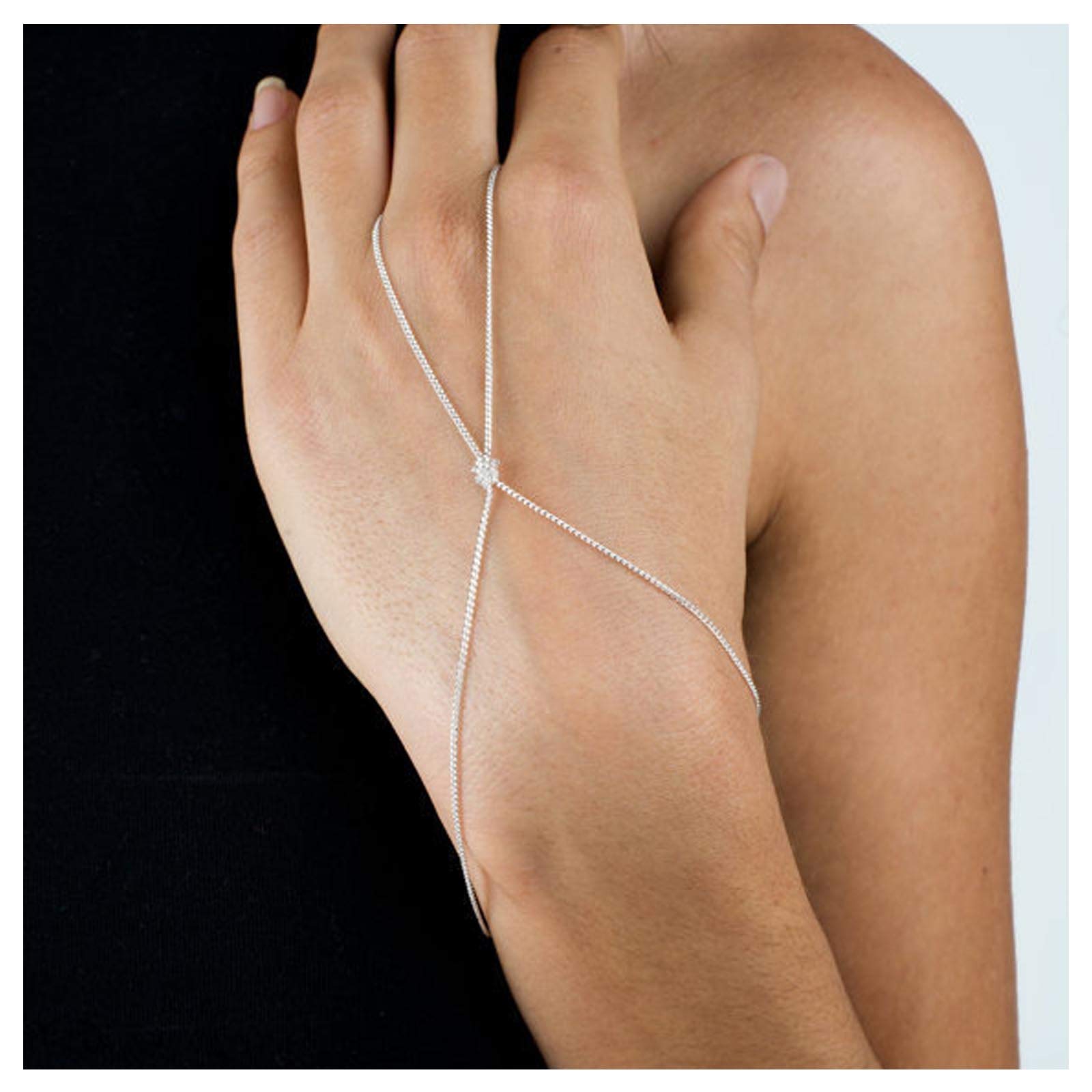 TseenYi Crystal Slave Bracelet Silver Finger Ring Bracelet Minimalist Boho Bracelet Handpiece Jewelry for Women and Girls