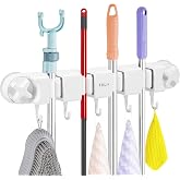 Hnvdkln Broom Holder Wall Mount Sturdy Mop and Broom Organizer with 4 Racks and 5 Hooks Vacuum Suction Cup Broom Mop Holder for Home, kitchen, Garden, Tools, Garage