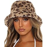 Urieo Winter Bucket Hats for Woman Leopard Printed Fluffy Faux Fur Hat Plush Warm Fisherman Hats Daily Outdoor
