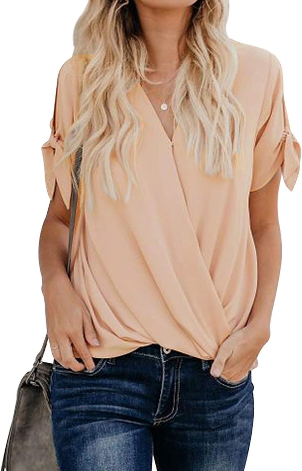 HOTAPEI Womens Casual Short Sleeve Tops Summer Wrap V Neck Chiffon Blouses Loose Fit Shirts