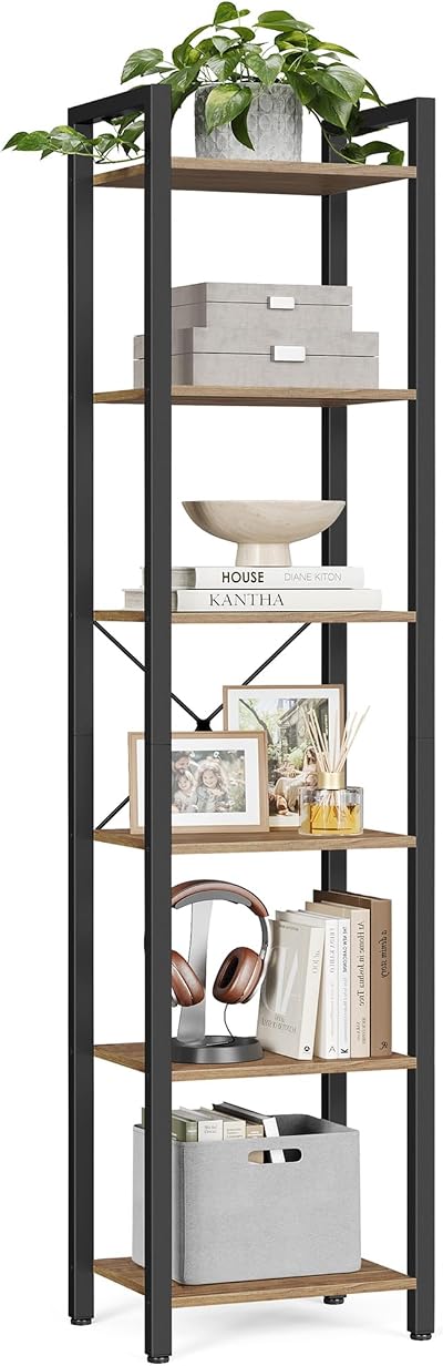 VASAGLE 6-Tier Bookshelf 30x40x187.5 cm Wheat Brown Ink Black LLS101B48
