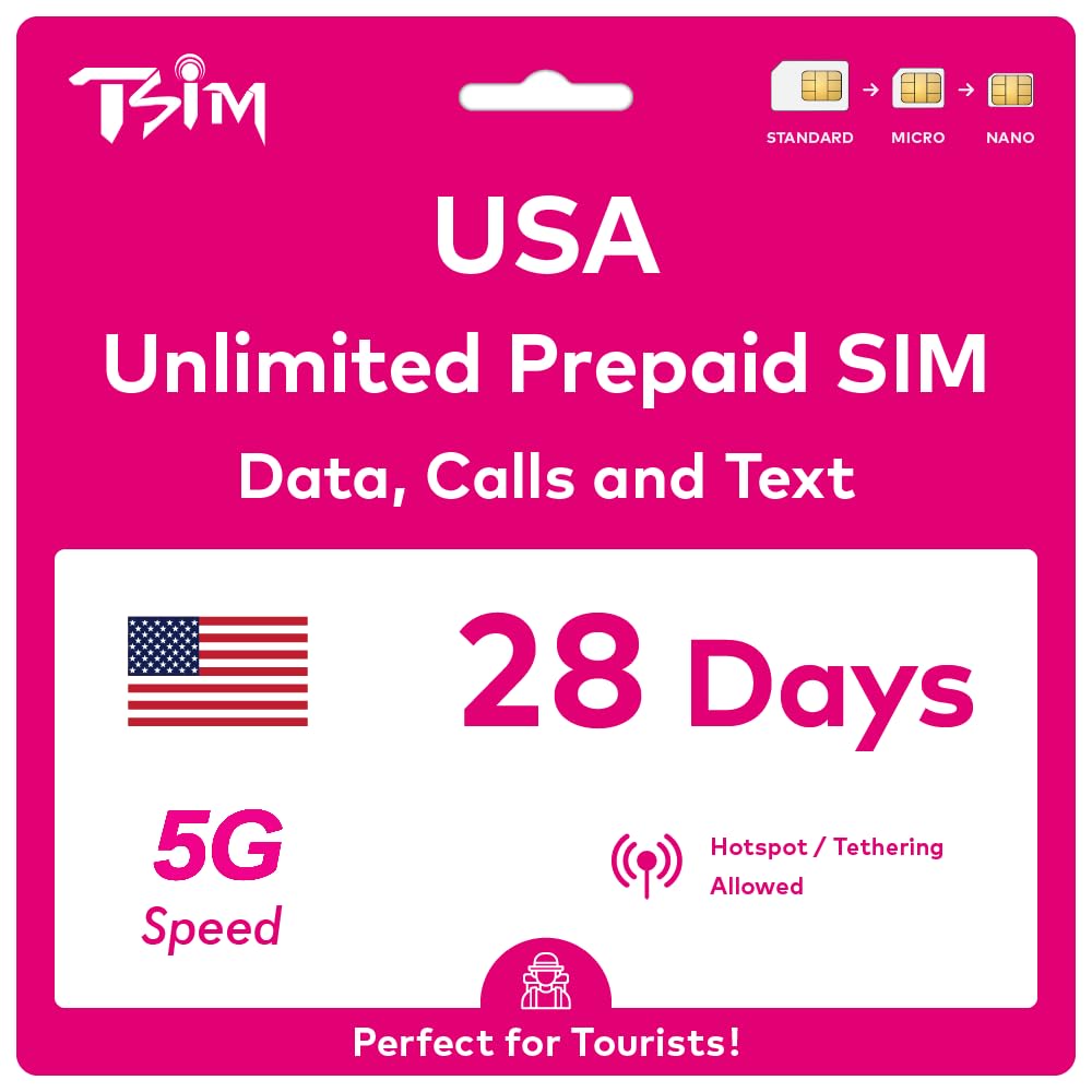 USA SIM Card for Travel to the USA. PrePaid. T-Mobile network with Unlimited Data, Calls and Texts. Upgraded 5G SIM Card! (28 Day)
