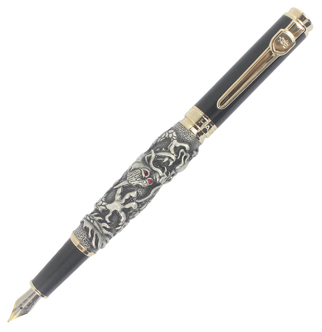 Abcsea Collectible Auspicious Dragon Medium Nib Fountain Pen - Antique Silver