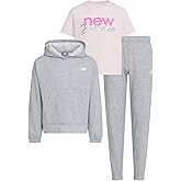 New Balance Girls 3pc Sweatsuit - Cotton Blend Fleece Activewear Set - Pullover Crewneck Hoodie, T-Shirt, Jogger, (4-12)